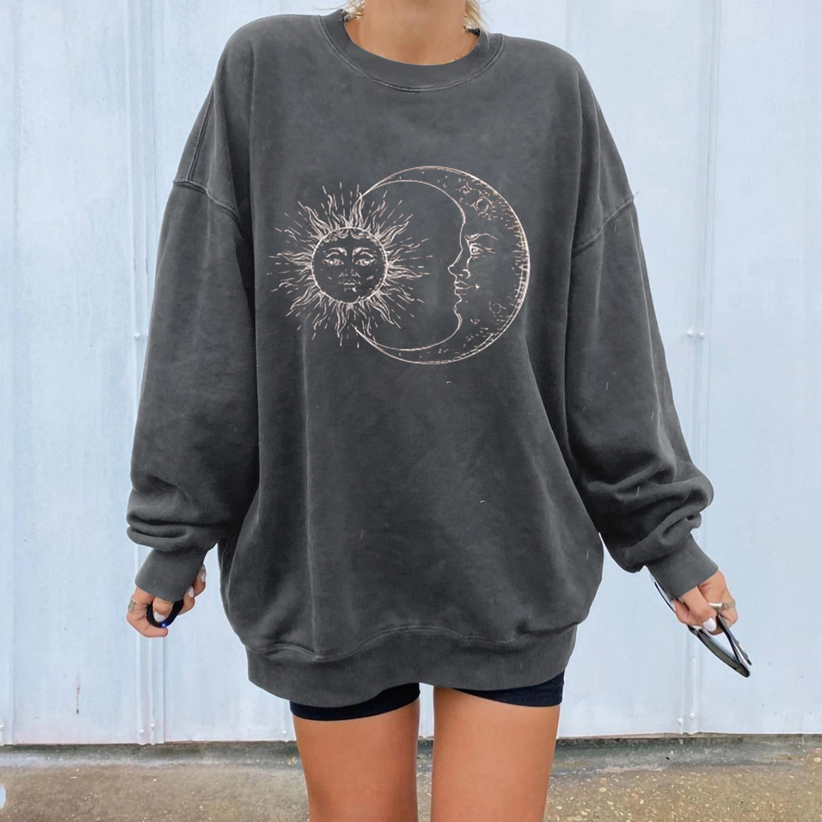 Sweatshirt Women Sun Moon Stars Print Loose Oversize Sweatshirts Streetwear Casual Autumn Winter Long Sleeve Sweatshirts Tops alx