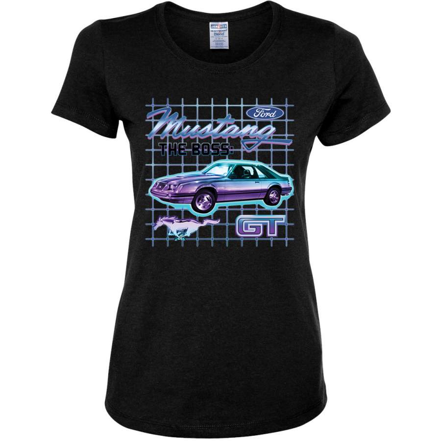 Ford Mustang GT The Boss Retro Neon Vintage Cars and Trucks Womens Graphic T-Shirt