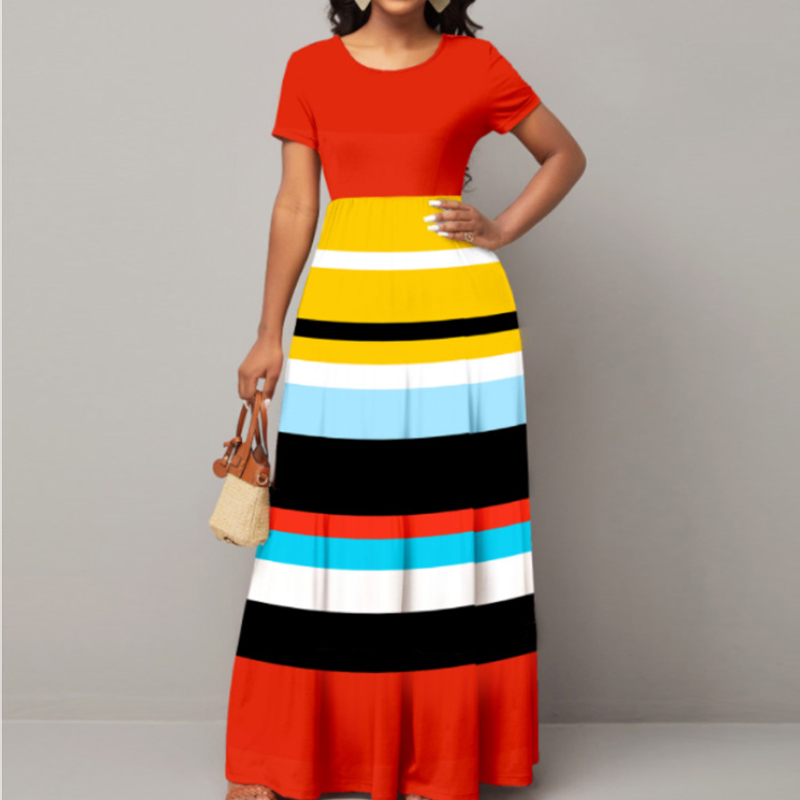 Summer 2022 Fashion Casual Multicolor Striped Patchwork Short Sleeve Oversized Maxi Dresses Women High Waist Robe Dress Vestido alx