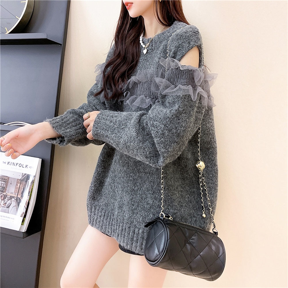 Women Strapless Sweater Korean New Autumn Winter Solid Knitted Pullovers Retro Lantern Sleeve O Neck Loose Jumper Pull Femme alx