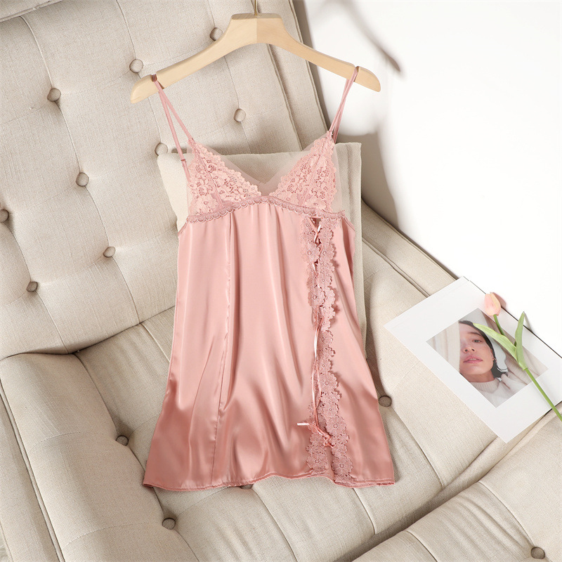 Spaghetti Strap Nightdress Women Nightgown Sexy Lace Mini Intimate Lingerie Summer Satin Suspender Skirt Sleepwear Home Wear alx