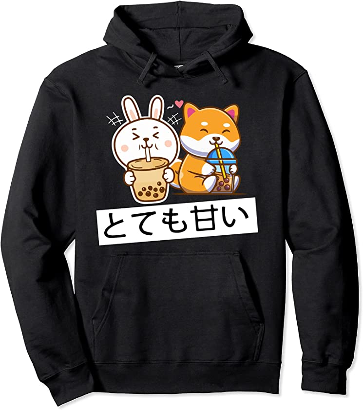 Cute Anime Kawaii Bunny And Fox Drinking Bubble Tea Lover Pullover Hoodie