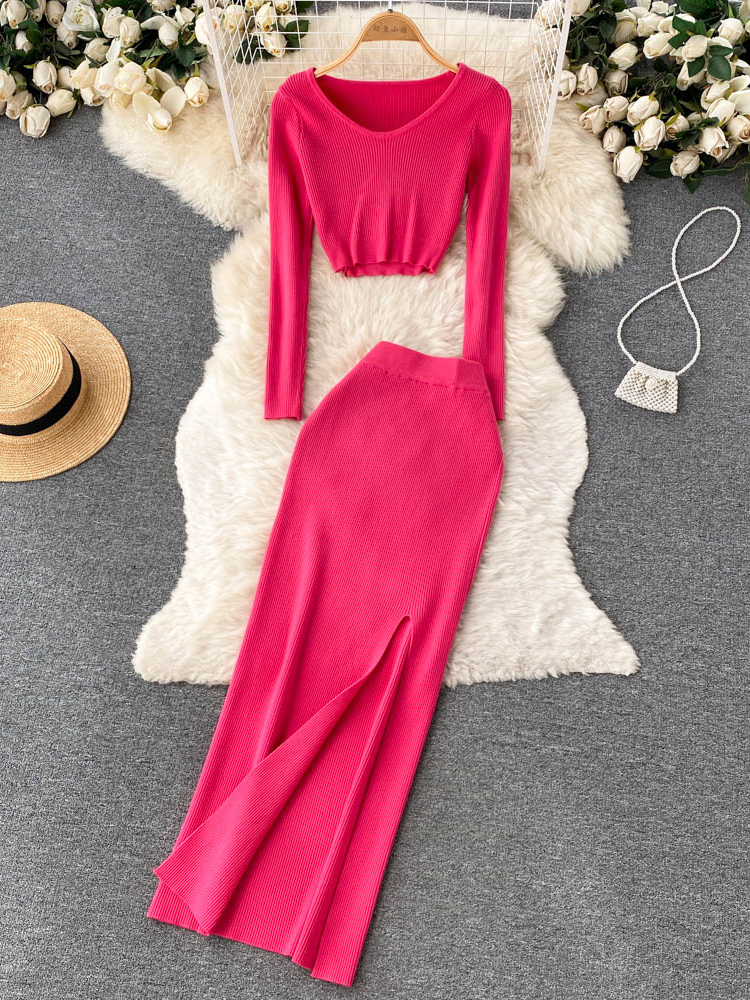 Split Autumn Fashion Two Pieces Suits V Neck Mini Top+ Hight Waist Slim Long Dress Women Streetwear Solid Knitted Set alx