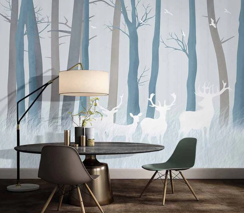 3D Hand Drawn Blue Tree Plant White Bucks Animal Background Wall Mural Wallpaper Lxl