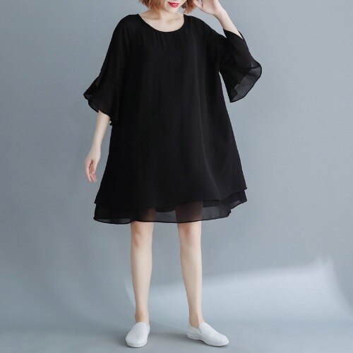 #3226 Black Chiffon Dress Women Butterfly Sleeves Mini Dress Loose Double Layer A-line Dress Female Casual Chiffon Short Dress alx