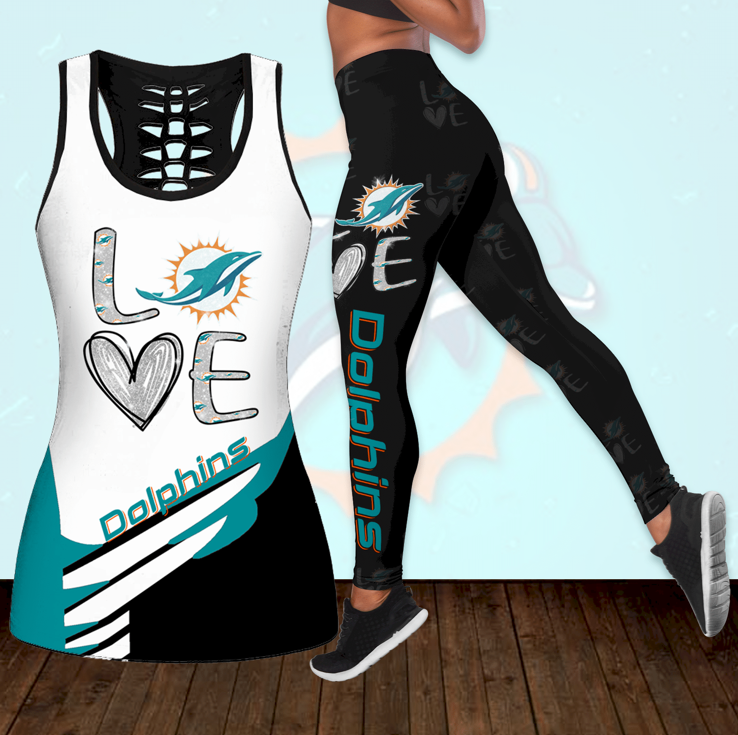 Combo Miami Dolphins Love Hollow Tanktop Leggings set OUTFIT K1914