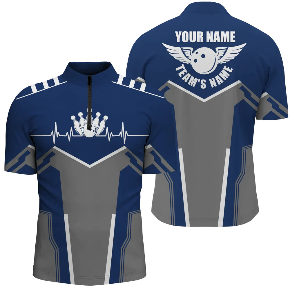 Bowling Shirts For Men Custom Name, Team Name Bowling Ball & Pins Men Quarter Zip Shirt Navy Blue