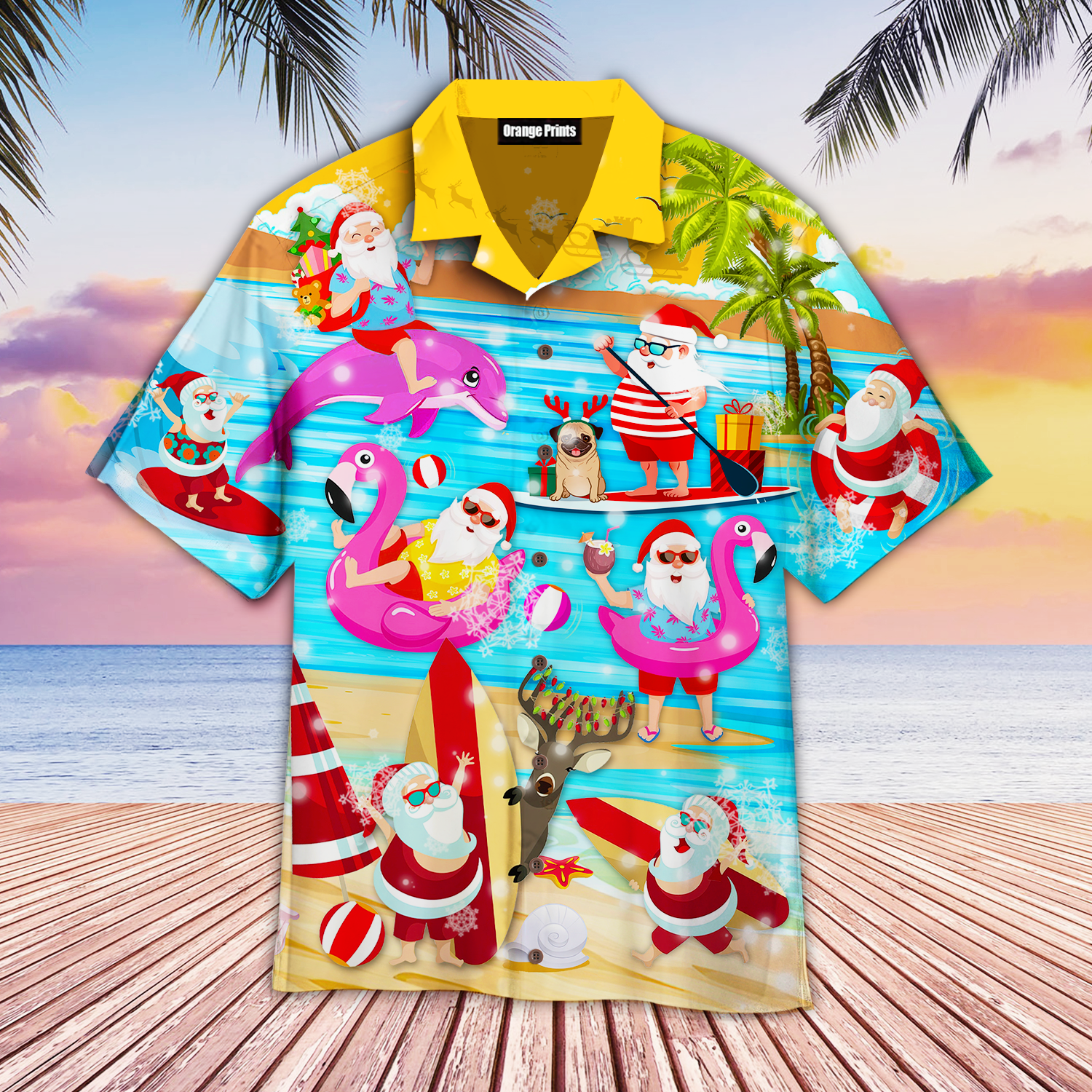 Merry Santa Surfing Dolphin On Christmas Aloha Hawaiian Shirts For Men & For Women | Wt9126