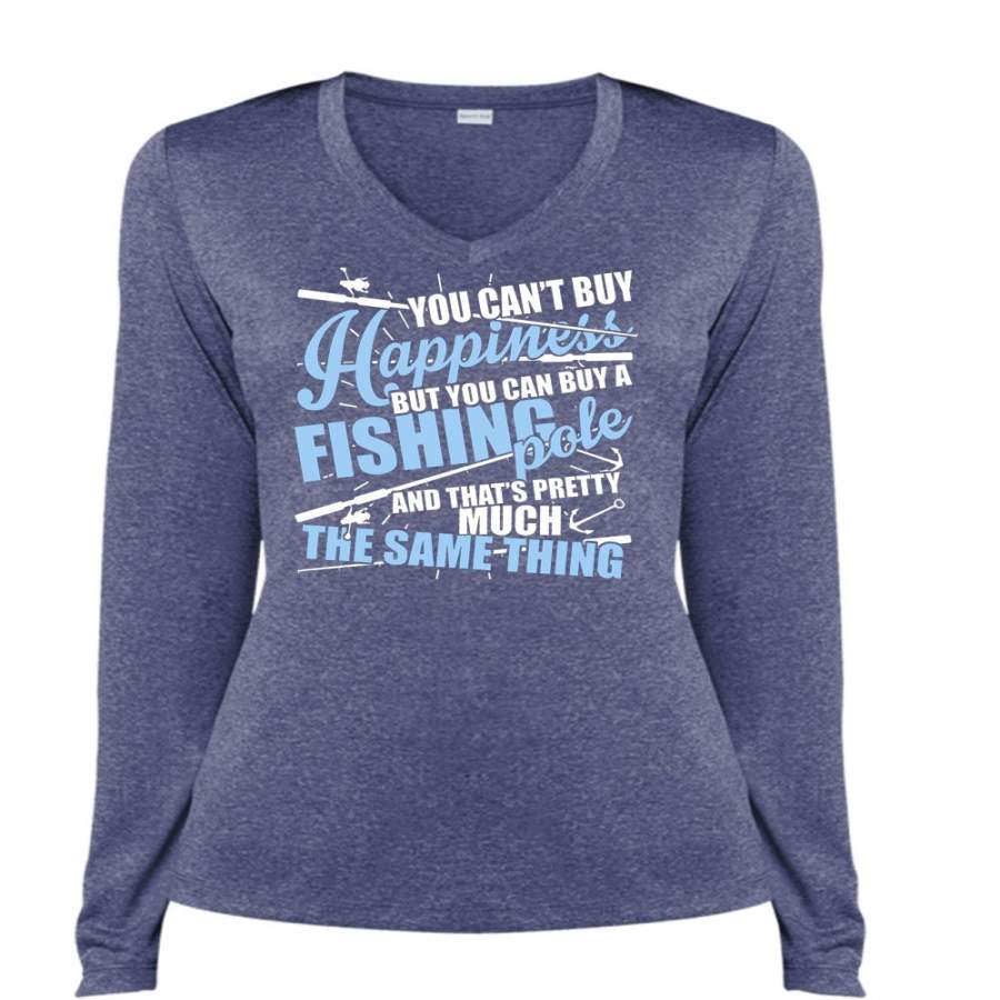 You Can’t Buy Happiness T Shirt, You Can Buy A Fishing Pole T Shirt, Cool Shirt (Ladies LS Heather V-Neck)