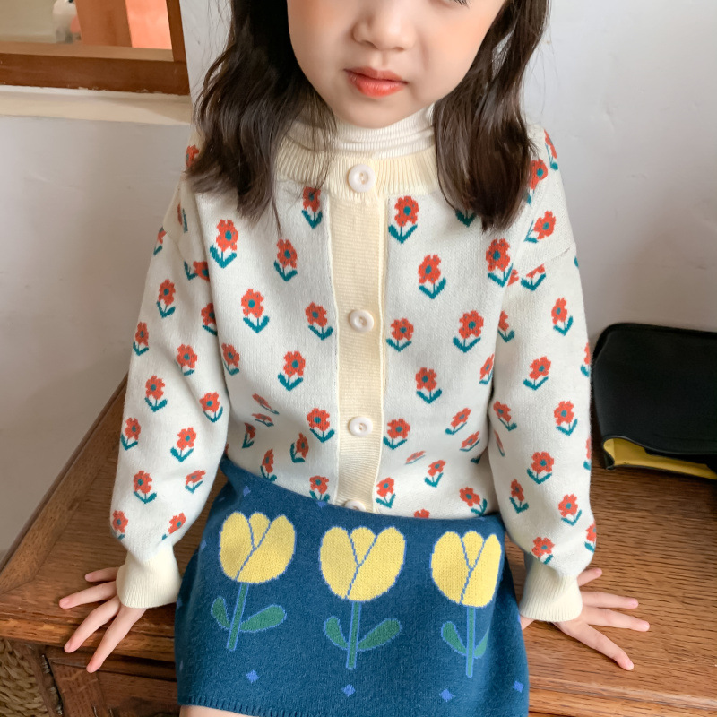 Children’s sweater autumn style Korean casual small flower sweater female treasure fashion knitted cardigan jacket alx