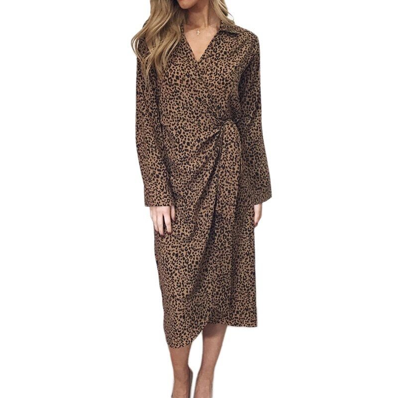 V Neck Long Sleeve Leopard Print Split Lace Dress