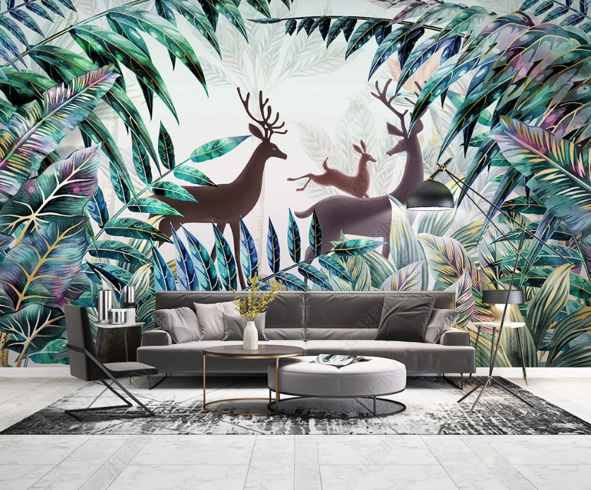 3D Tropical Leaf Animal Elk Wall Mural Wallpaper Lqh 63