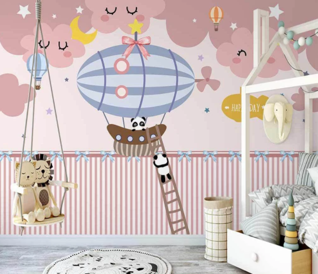 3D Cartoon Hot Air Balloon Panda Animal Pink Cloud Wall Mural Wallpaper Lxl