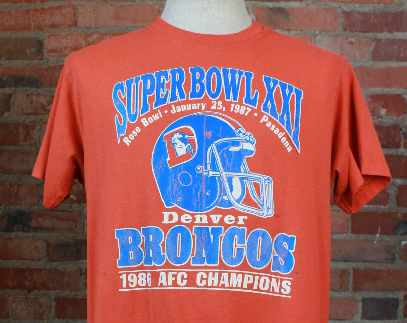 Vintage 1987 Denver Broncos Super Bowl Xxi Graphic T Shirt Rose Bowl Pasadena Orange Unisex