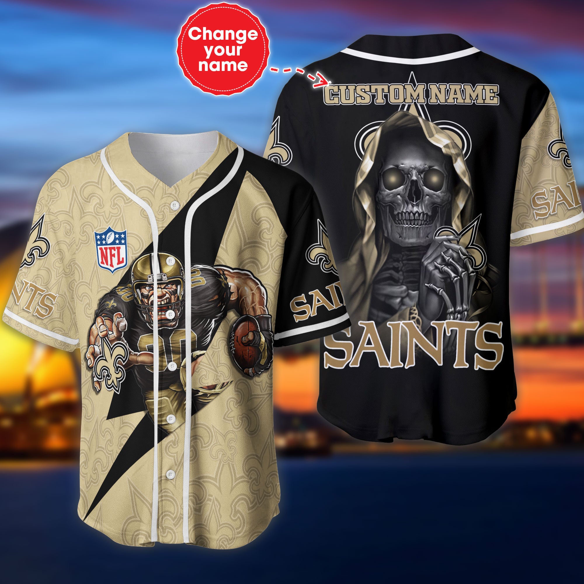 New Orleans Saints Baseball Jersey Skull Custom Name