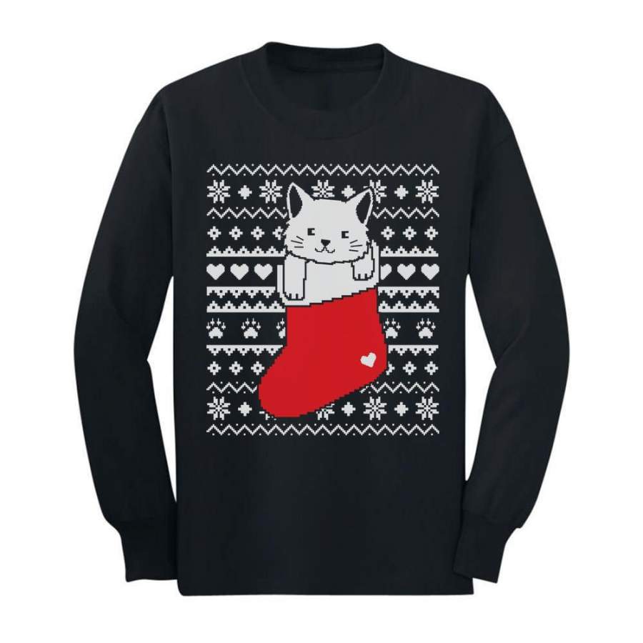 Cat in Stocking Kitty Ugly Christmas Sweater Toddler/Kids Long sleeve T-Shirt