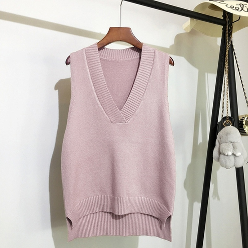 Sweater Autumn And Winter New Korean Loose Wild Pink Sweater Vest Women Sleeveless Sweater V-neck knitted Vest Women’s alx