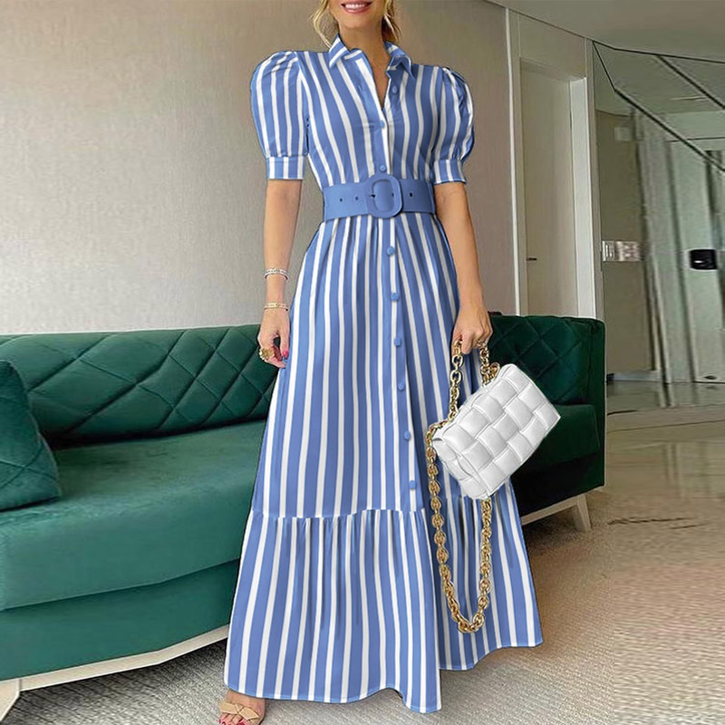 Vintage Puff Sleeve Women Party Maxi Dress Elegant Striped Office Lady Long Dresses Fashion Turn-down Collar Button Shirt Dress alx