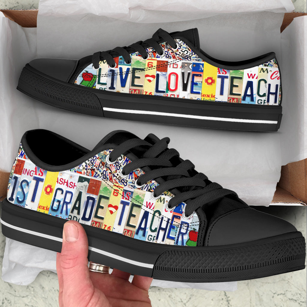 1St Grade Teacher Low Top Shoes Canvas Shoes Live Love License Plates School Shoes