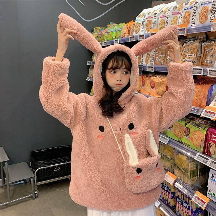 MINGLIUSILI Kawaii Korean Fashion Rabbit Hoodie for Women Loose and Cute Clothes 2022 Autumn New Casual All-match Hoodies alx