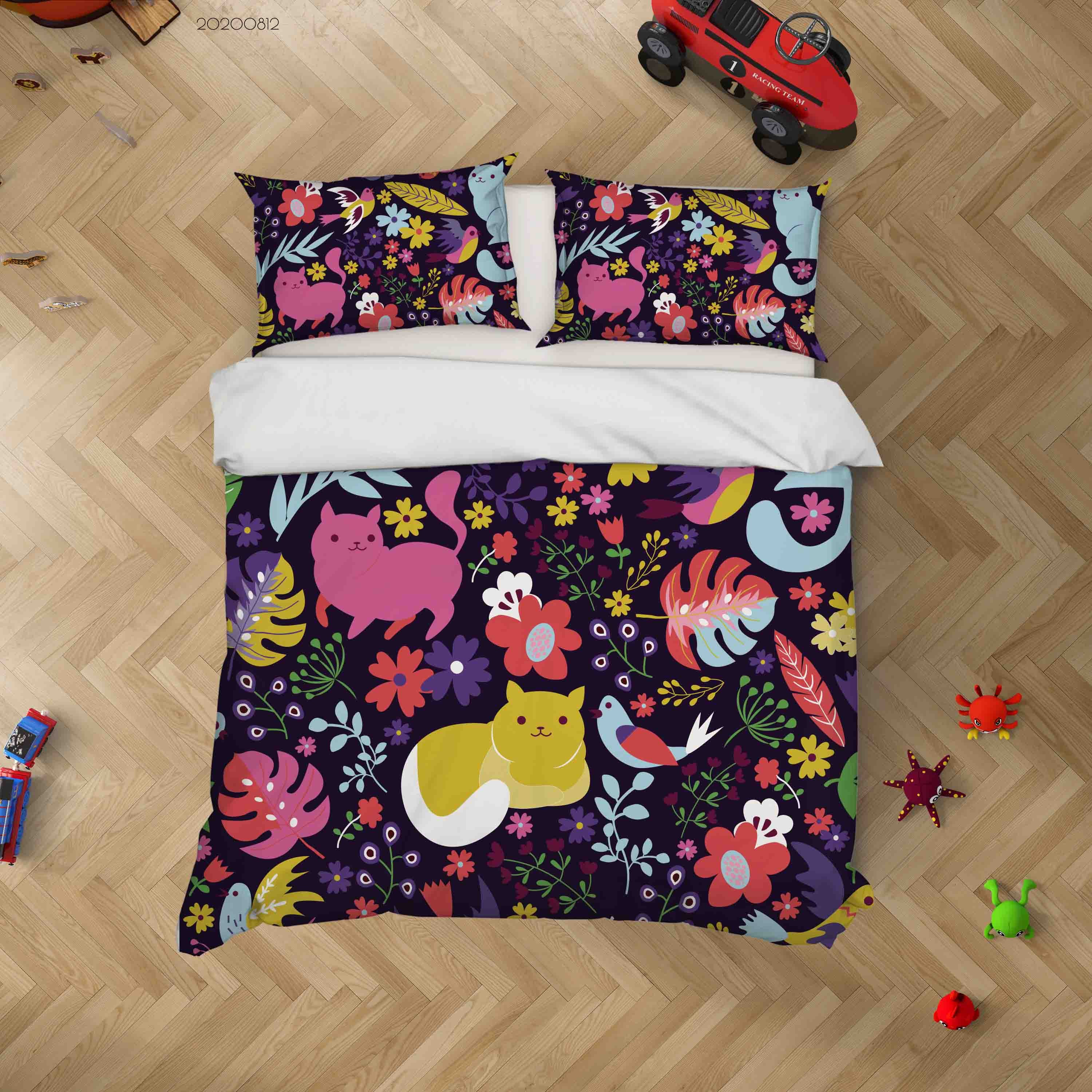 3D Colorful Floral Plant Cat Animal Quilt Cover Set Bedding Set Duvet Cover Pillowcases Lxl