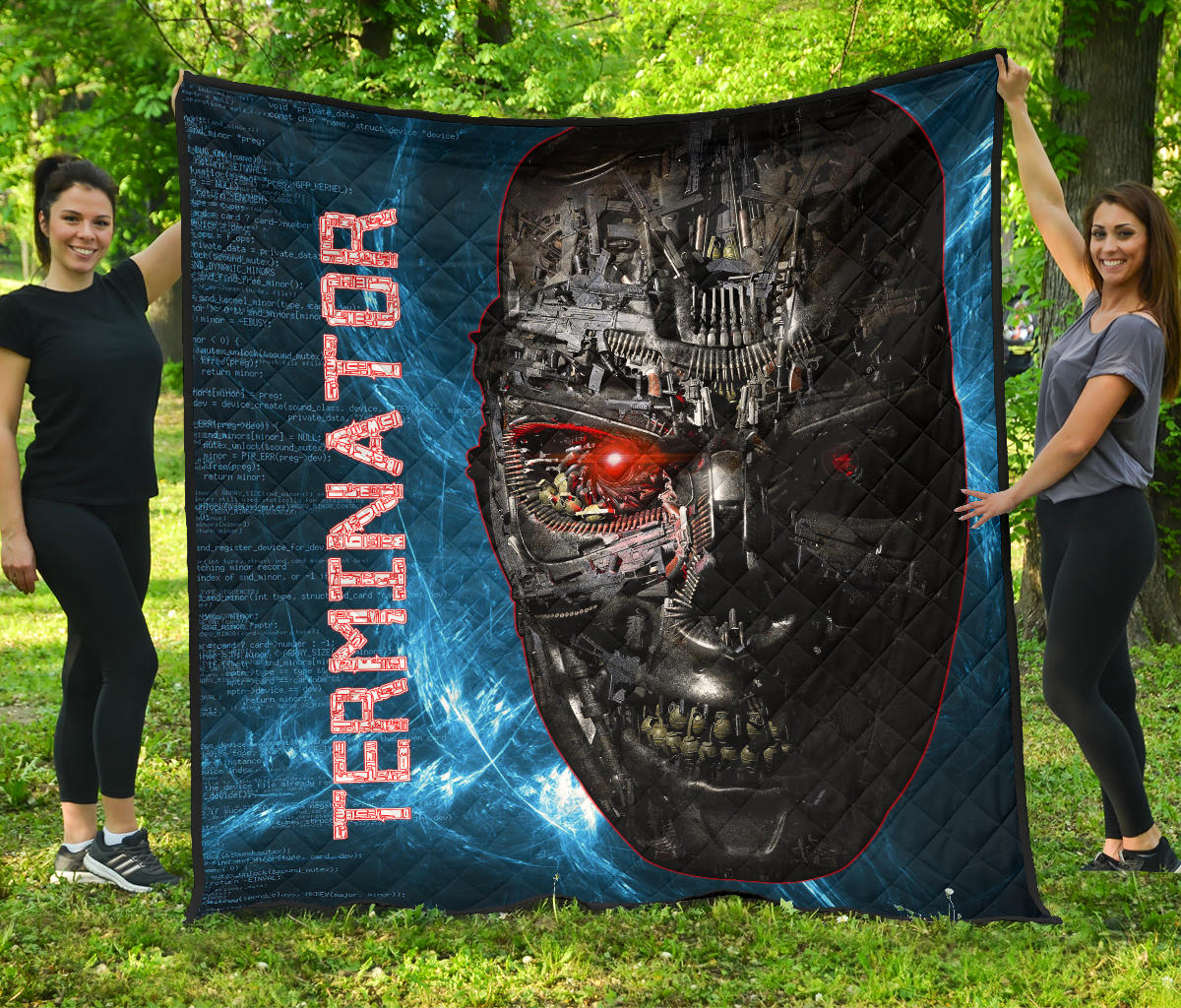 Horror Movie Premium Quilt | The Terminator Robot Face Blue Data Quilt Blanket Nt090106