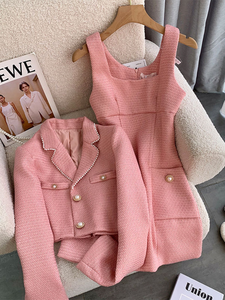 Autumn New French Women Temperament Blazer Jackets Coat+Sling Tank Mini Dress Two Piece Set Pearls Buttons Tweed Outfits Female alx