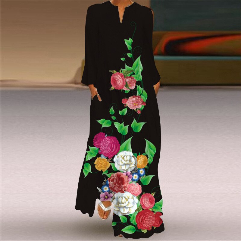 Autumn/Winter New Fashion Women’s Sexy V-neck Long Sleeve Printed Long Dress Loose Long Dress alx