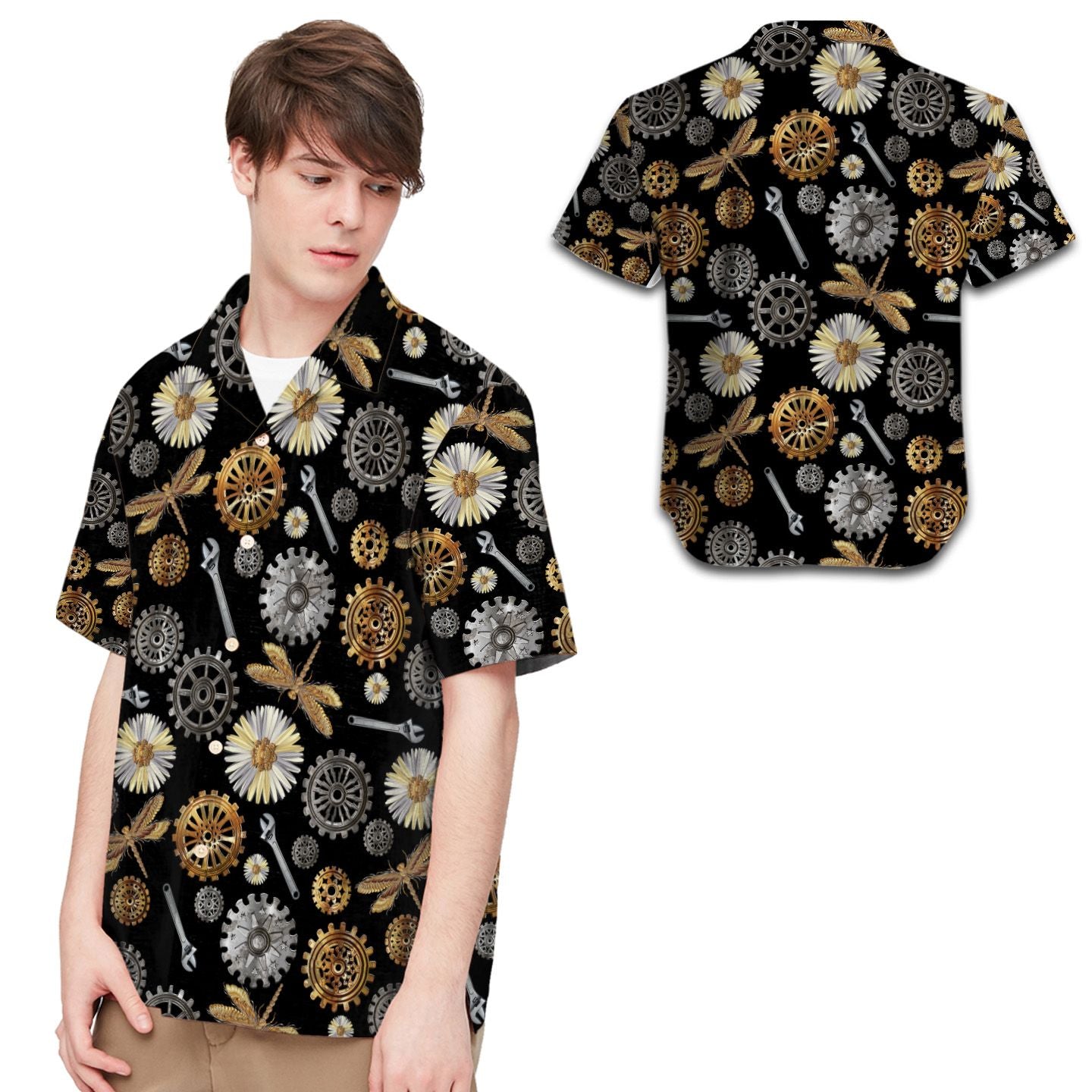 Mechanic Pattern Men Black Hawaii Summer Beach Shirts Ha109002