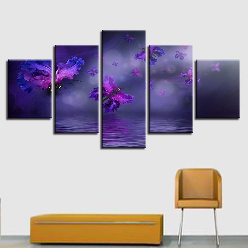 Purple Flower Butterflies Abstract Animal 5 Panel Canvas Art Wall Decor