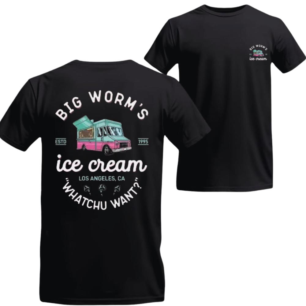 Big Worms Ice Cream LA Tshirt Black Cotton Tee with Retro Pink & Teal Dessert Truck Graphic, Vintage Streetwear for Men, Cool Gift for 90s Ice Cream Fans.