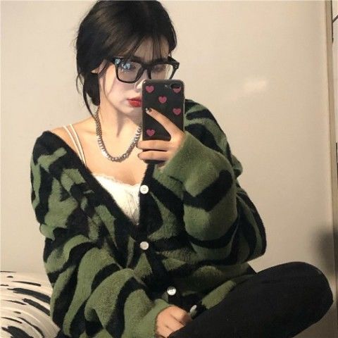 Women Cardigan Zebra Pattern V-neck Loose Casual All-match Single Breasted Knitted Sweater Korean Style Ulzzang Autumn Outwear alx