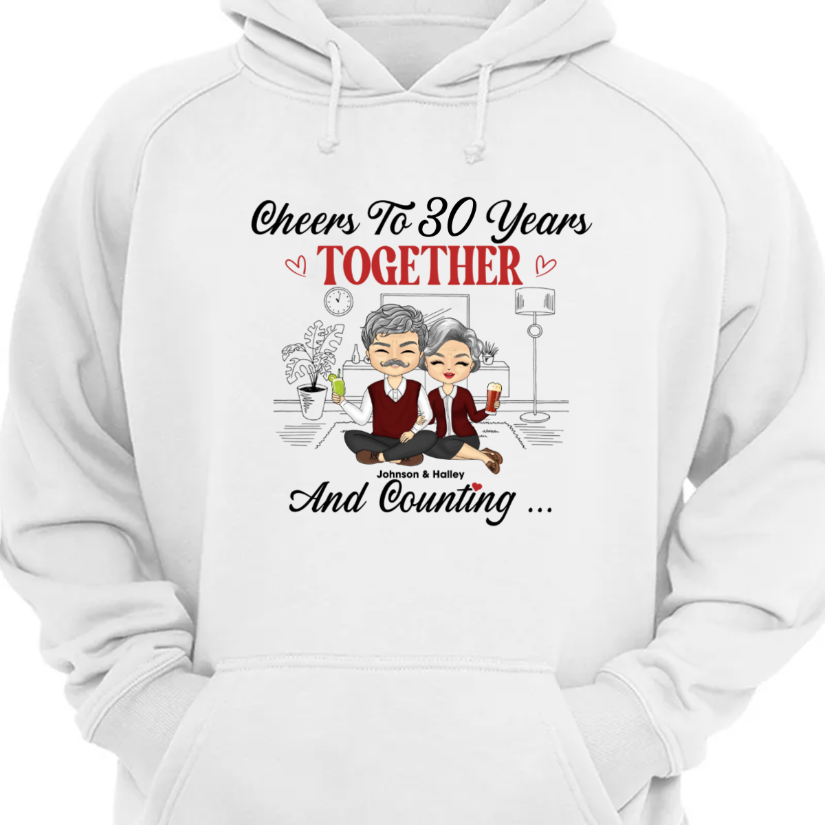 Chibi Couple Cheers To 30 Years Together And Counting Husband Wife – Couples Gift – Personalized Custom Hoodie Sweatshirt