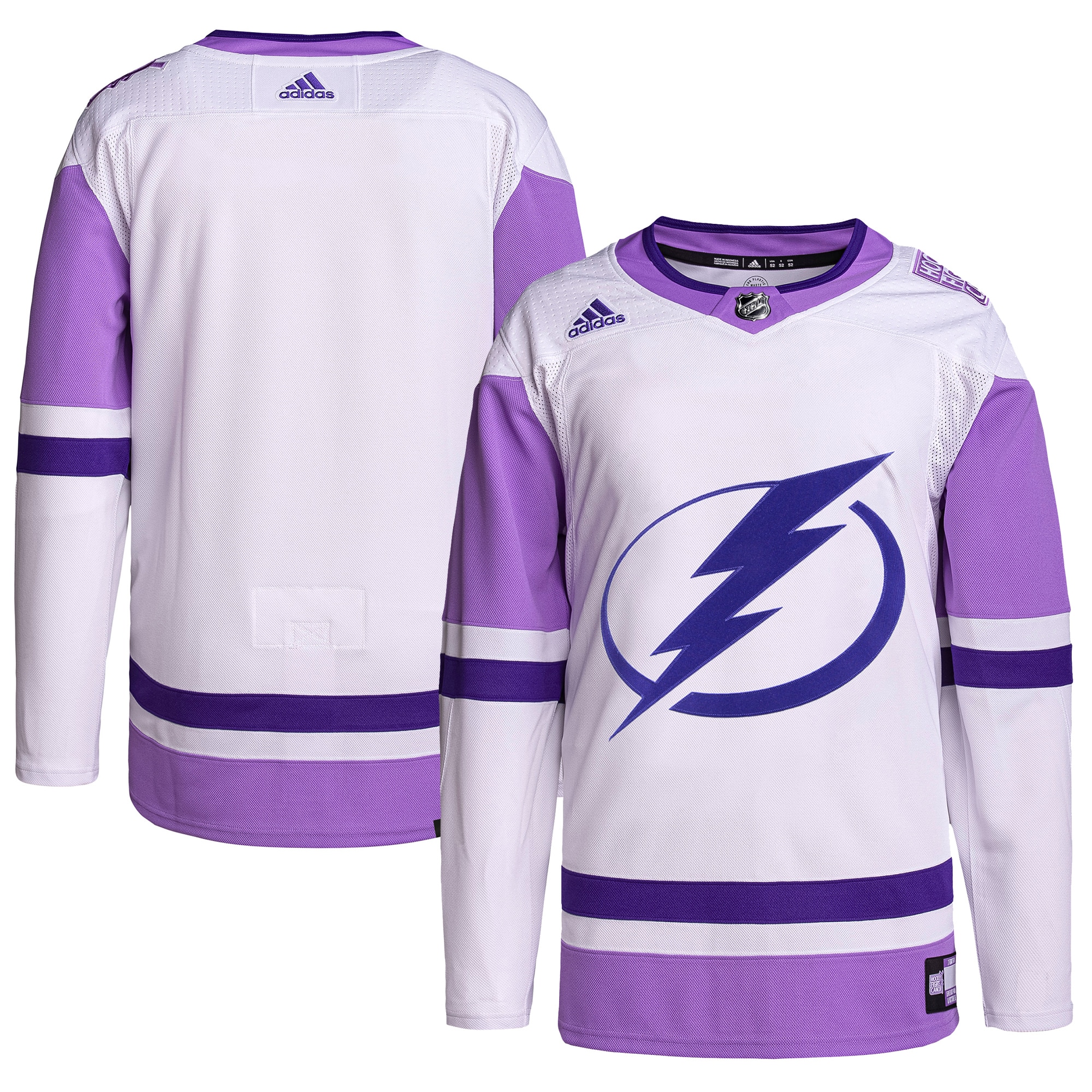 Men's Tampa Bay Lightning adidas White/Purple Hockey Fights Cancer Primegreen Authentic Blank Practice Jersey