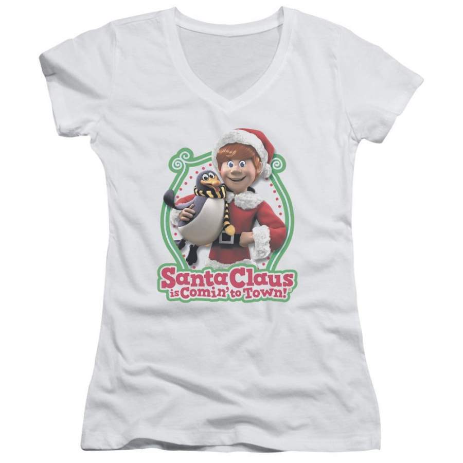 Santa Claus Is Comin to Town Penguin Juniors V-Neck T-Shirt