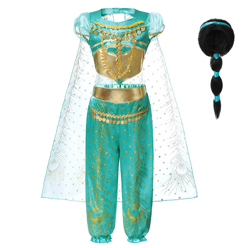 Aladdin Jasmine Dress Up Dresses For Girls Peacock Print Cloak Arabian Princess Cosplay Sari Suits Indian Sets Kids Green Saree alx