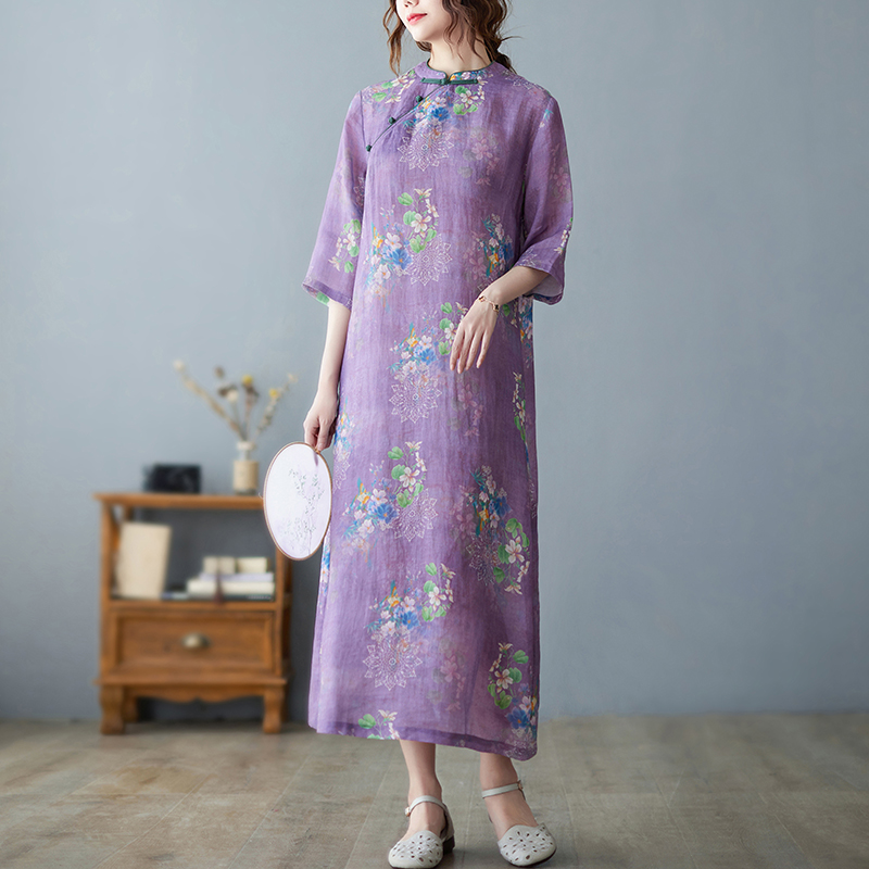 2022 New Arrival Thin Soft Cotton Linen Purple Chinese Style Cozy Summer Dress Robes Cheongsam Plus Size Women Casual Midi Dress alx