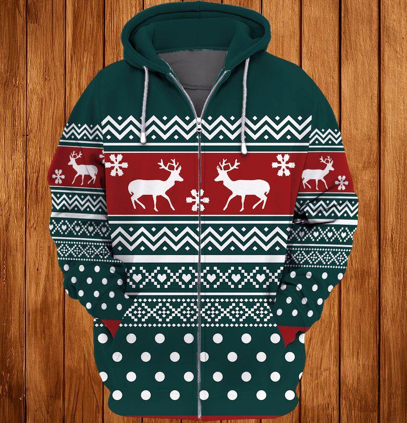 Reindeers Christmas Pattern For Christmas Holiday 3D Zipper Hoodie