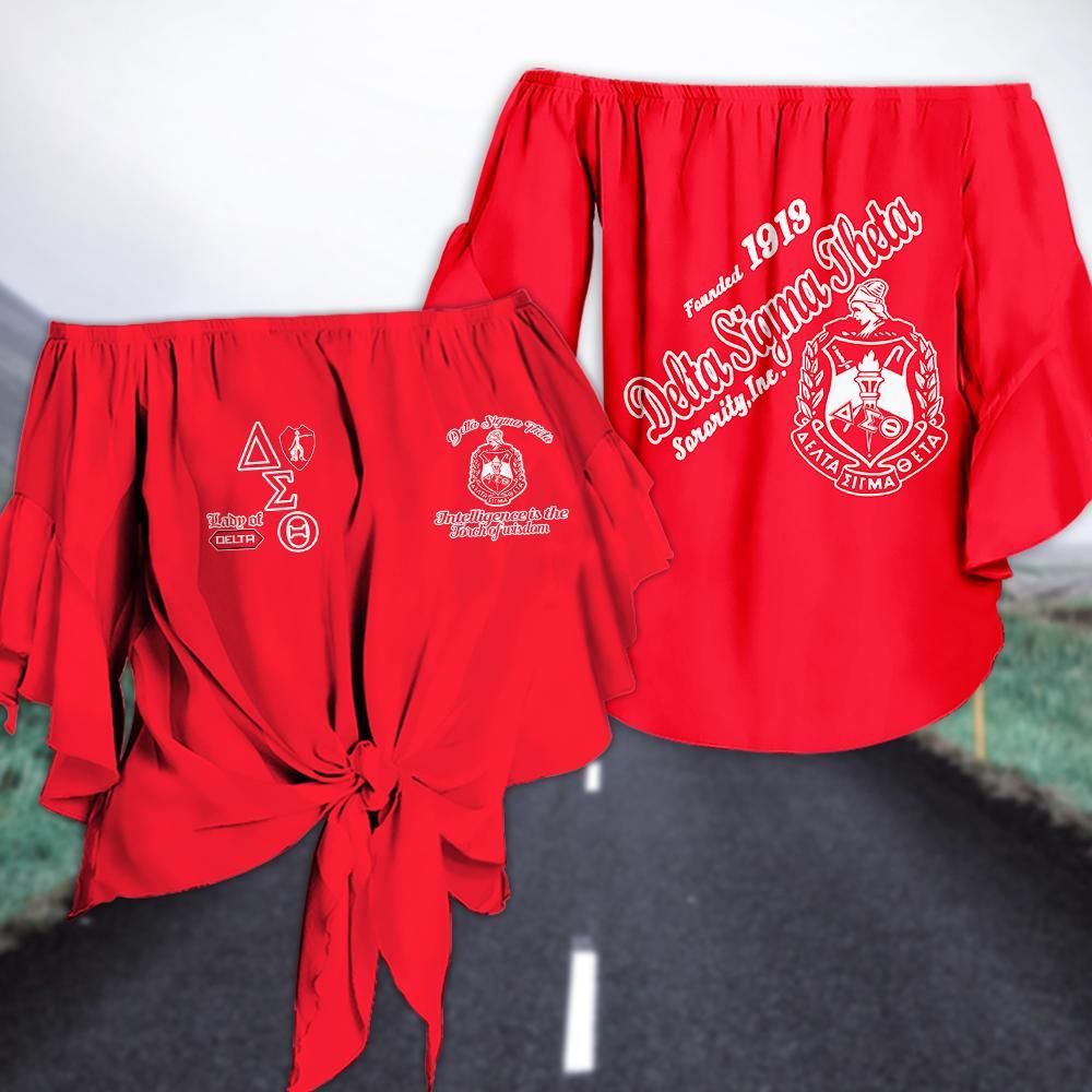 DELTA SIGMA THETA TIE KNOT OFF SHOULDER SHIRT 3