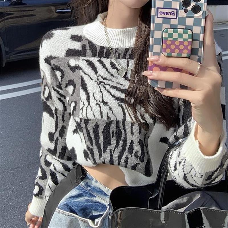 Winter Vintage O Neck Pullover Leopard Short Sweater High Waist Knitted Crop Top Women Casual alx