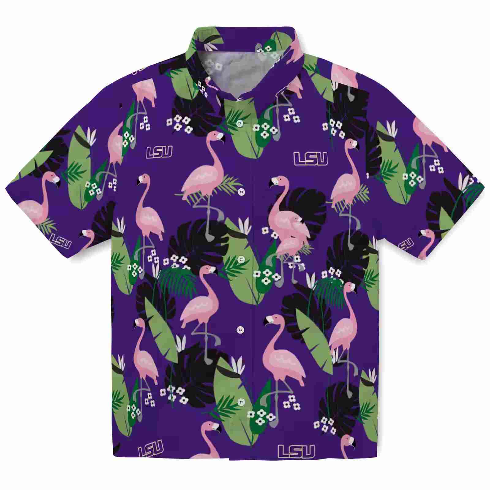 Lsu Tigers Flamingo Leaf Motif Purple Hawaiian Shirt