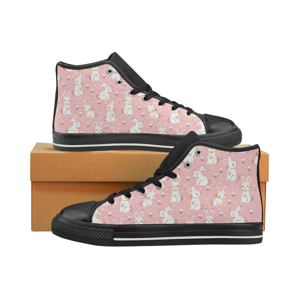 Cute White Rabbit Flower Pink Background Women’S High Top Canvas Shoes Black Gift For Men Women