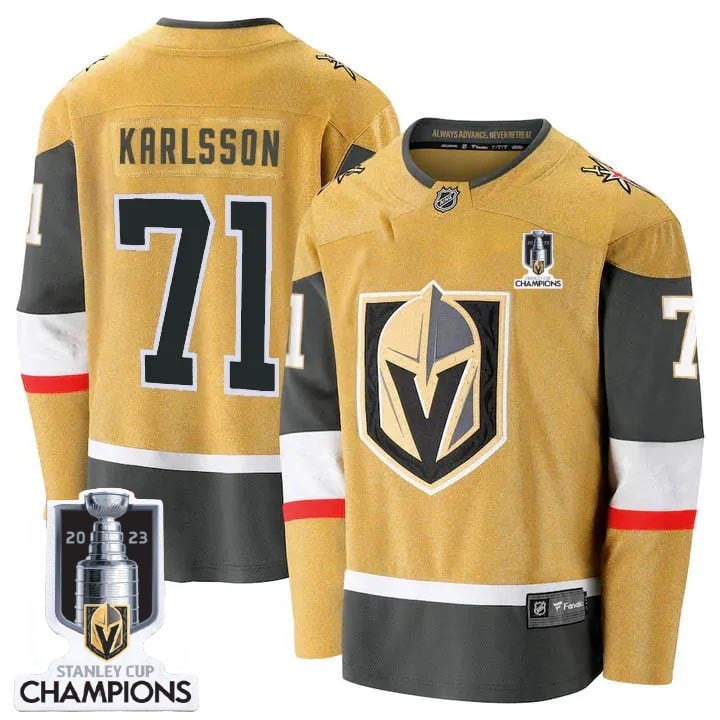 William Karlsson 71 Vegas Golden Knights 2023 Stanley Cup Champions Patch Breakaway Home Jersey – Gold