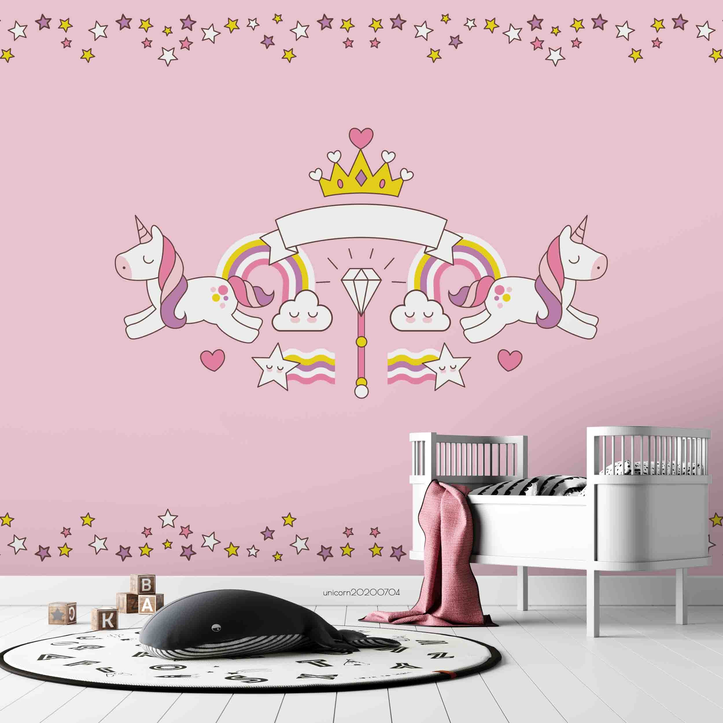 3D Cartoon Pink Diamond Crown Unicorn  Wall Mural Wallpaper Lxl 202