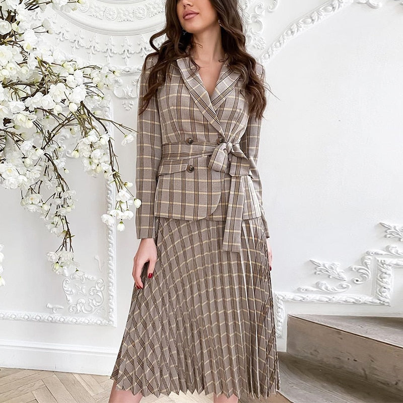 Two-Piece Vintage Pleated Belt Plaid Elegant Office Ladies Blazer Long Sleeve Midi Dress