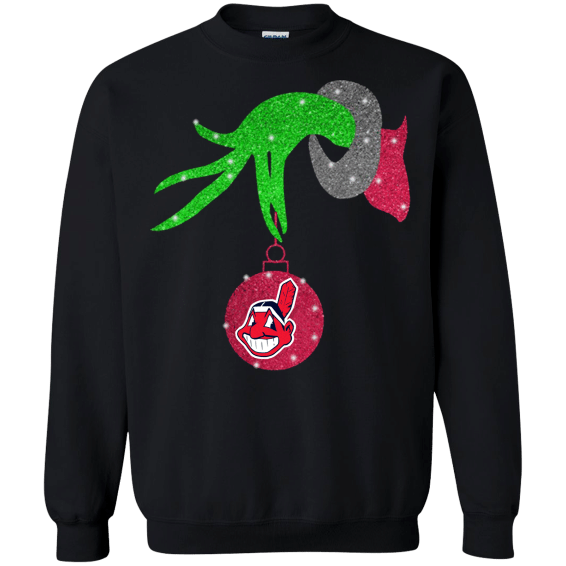 Check Out This Awesome Grinch Hand Holding Cleveland Indians Glitter Christmas Shirt Sweatshirt