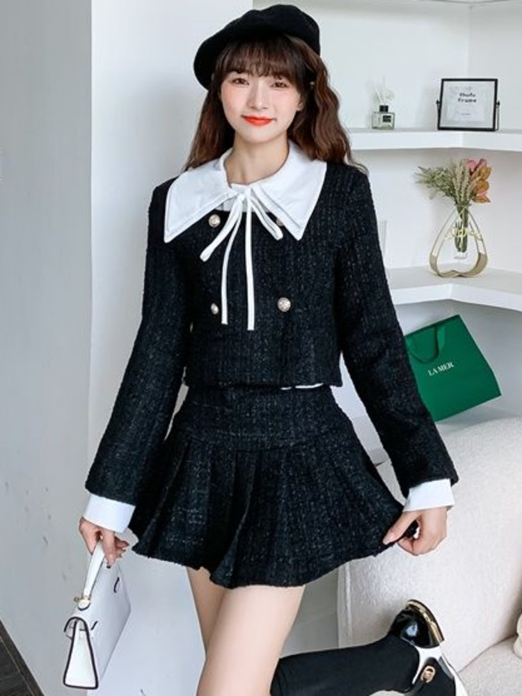 2022 autumn winer Two Piece Sets womens outifits tweed jacket coat pleated Skirt Suit ensemble femme 2 pieces conjuntos de falda alx