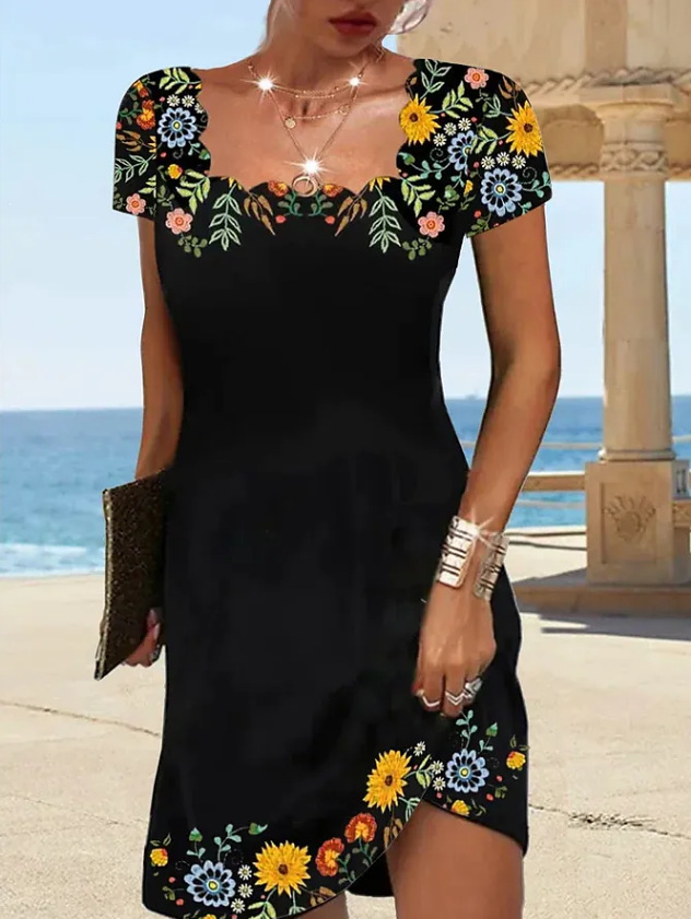2022 Summer Women’s Wavy Neck Print Short-sleeve Dress Elegant Casual Floral Theme Printed Female Fashionable Knee-Length Dress alx