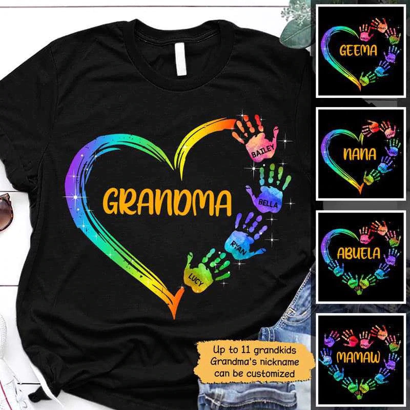 Customized Grandma Heart Hand Color T Shirt For Mother’S Day