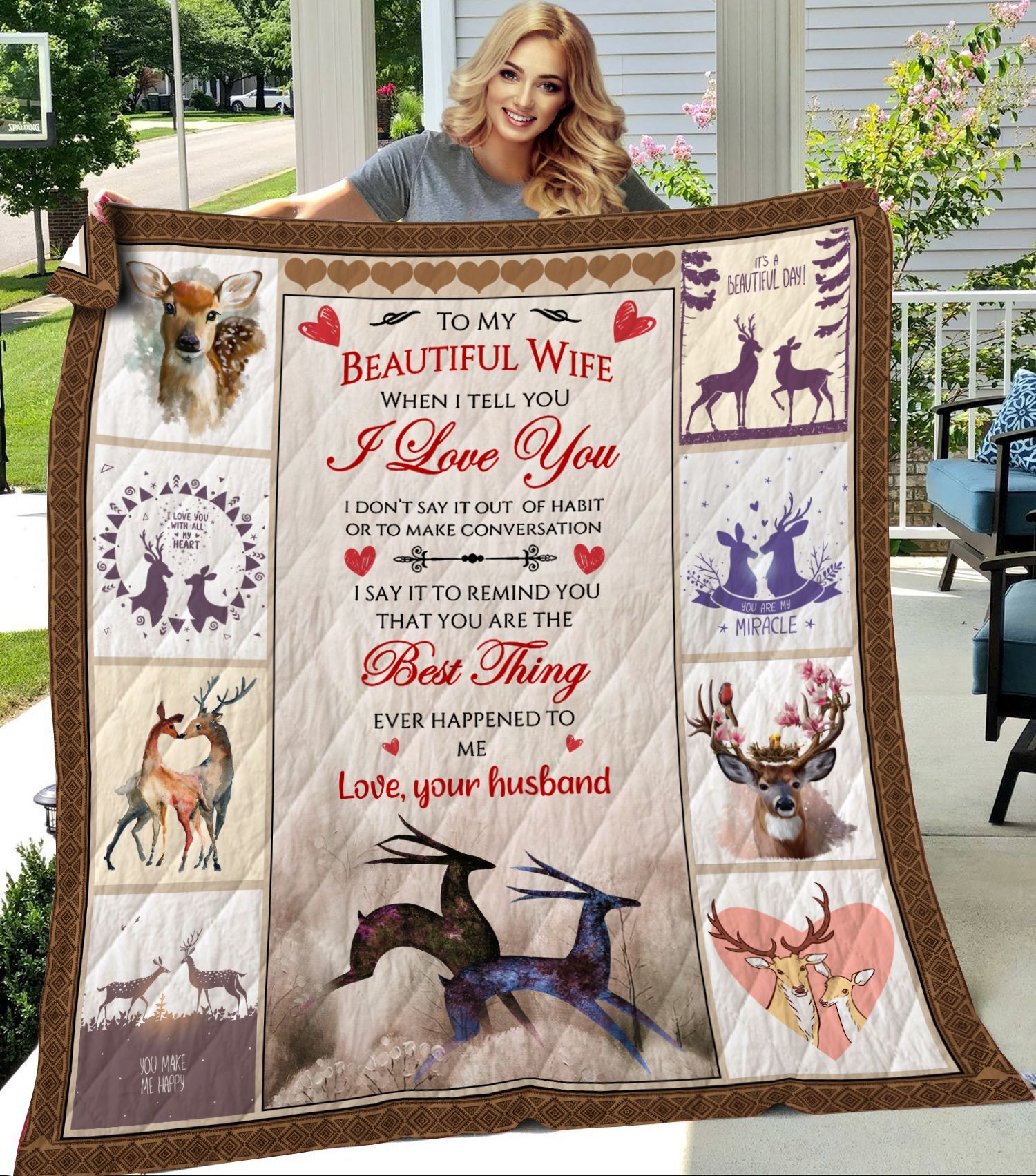 To My Beautiful Wife Deer Quilt Blanket Ba